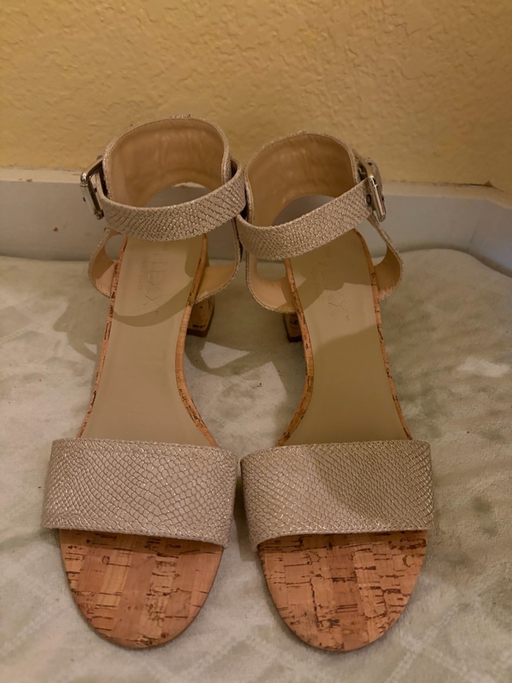 Never Worn THE FLEXX Cork Block Heel Ankle-Strap Sandals in Light Beige